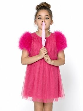 Charabia Paris Girls Size 10 Pink Glitter Tulle Dress Marabou Feather Sleeves